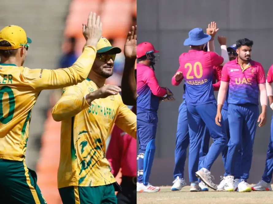 South Africa vs United Arab Emirates T20 World Cup 2026 match action at Arun Jaitley Stadium Delhi