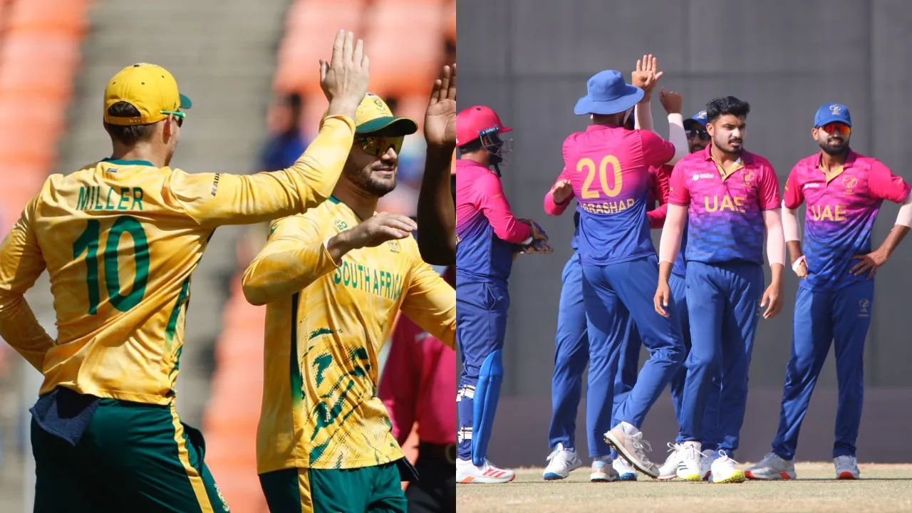 South Africa vs United Arab Emirates T20 World Cup 2026 match action at Arun Jaitley Stadium Delhi